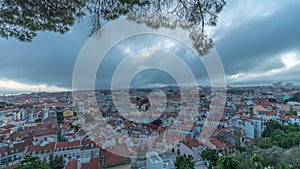 Panorama showing aerial cityscape day to night transition from Miradouro da Graca viewing point in Lisbon city after photo