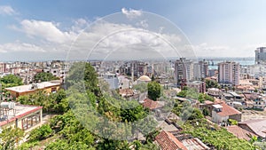 Panorama showing aerial view of city centre and the harbour of Durres timelapse from viewpoint, Albania.