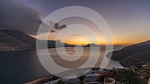 Panorama showing Amorgos island aerial day to night timelapse from above. Greece