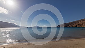 Panorama showing beach in Amorgos island aerial timelapse from above. Greece