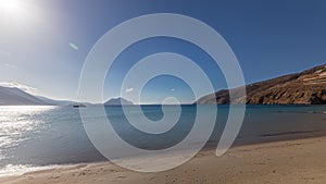 Panorama showing beach in Amorgos island aerial timelapse from above. Greece