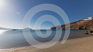 Panorama showing beach in Amorgos island aerial timelapse from above. Greece