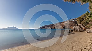 Panorama showing beach in Amorgos island aerial timelapse from above. Greece