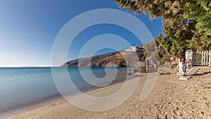 Panorama showing beach in Amorgos island aerial timelapse from above. Greece