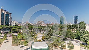 Panorama showing cityscape over Tirana with its colorful apartment buildings and skyscrapers timelapse, Tirana, Albania.