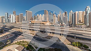 Panorama showing Dubai Marina skyscrapers and Sheikh Zayed road with metro railway, United Arab Emirates