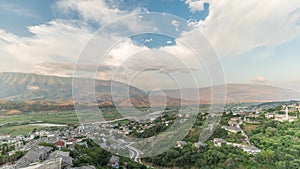 Panorama showing Gjirokastra city from the viewpoint of the fortress of the Ottoman castle of Gjirokaster timelapse.