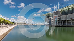 Panorama showing Lisbon Oceanarium timelapse, located in the Park of Nations.