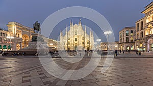 Panorama showing Milan Cathedral and Vittorio Emanuele gallery day to night timelapse.