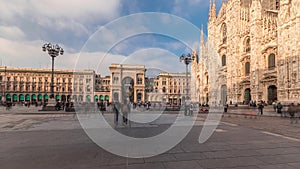 Panorama showing Milan Cathedral and Vittorio Emanuele gallery timelapse.