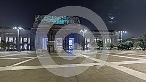 Panorama showing Milano Centrale night timelapse - the main central railway station of the city of Milan in Italy.