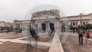 Panorama showing Milano Centrale timelapse - the main central railway station of the city of Milan in Italy.