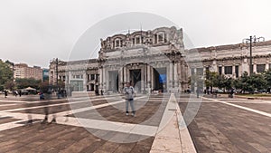 Panorama showing Milano Centrale timelapse - the main central railway station of the city of Milan in Italy.