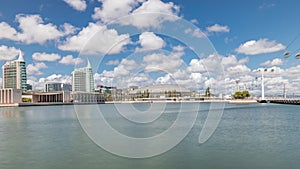 Panorama showing Parque das Nacoes or Park of Nations district timelapse in Lisbon, Portugal.