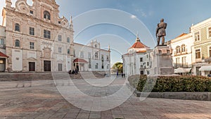 Panorama showing Sa da Bandeira Square with a view of the Santarem See Cathedral timelapse. Portugal