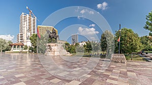 Panorama showing the Skanderbeg memorial and Ethem Bey mosque on the main square in Tirana timelapse, Albania