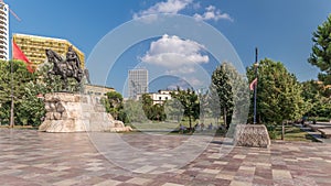 Panorama showing the Skanderbeg memorial and Ethem Bey mosque on the main square in Tirana timelapse, Albania