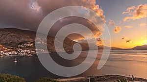 Panorama showing sunset on Amorgos island aerial timelapse from above. Greece