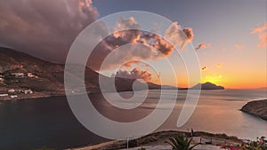 Panorama showing sunset on Amorgos island aerial timelapse from above. Greece