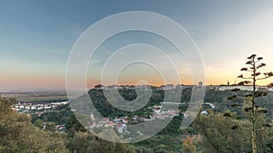 Panorama showing sunset over the Castle of Almourol on hill in Santarem aerial timelapse. Portugal photo