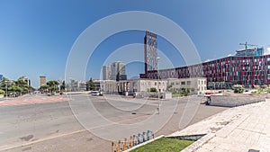 Panorama showing traffic on the Deshmoret e Kombit Boulevard in Tirana timelapse.