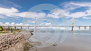 Panorama showing the Vasco da Gama Bridge timelapse in Lisbon, Portugal