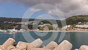 Panorama showing view of Sesimbra Town and Port timelapse, Portugal.