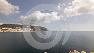 Panorama showing view of Sesimbra Town and Port timelapse, Portugal.