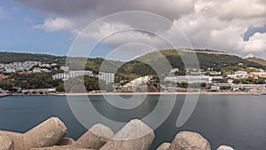 Panorama showing view of Sesimbra Town and Port timelapse, Portugal.