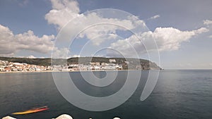 Panorama showing view of Sesimbra Town and Port timelapse, Portugal.