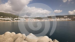 Panorama showing view of Sesimbra Town and Port timelapse, Portugal.