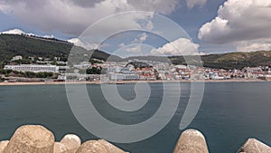 Panorama showing view of Sesimbra Town and Port timelapse, Portugal.