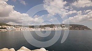 Panorama showing view of Sesimbra Town and Port timelapse, Portugal.