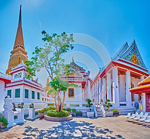 Panorama of the shrines and Golden Chedi of Wat Bowonniwet Vihara complex, Bangkok, Thailand