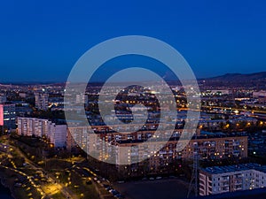 Panorama of the Siberian city of Krasnoyarsk. Evening top view