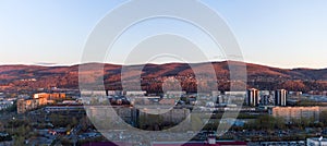 Panorama of the Siberian city of Krasnoyarsk. Mountains and Right Bank