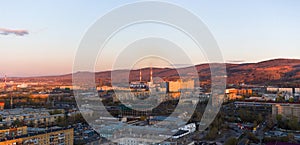 Panorama of the Siberian city of Krasnoyarsk. Mountains and Right Bank