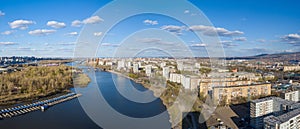 Panorama of the Siberian city of Krasnoyarsk. Right Bank and Yenisei River