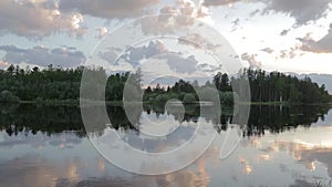 Panorama of Siberian taiga river summer evening