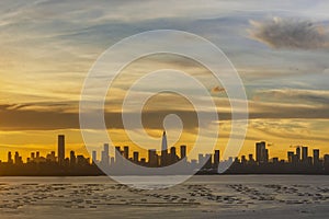 Panorama of silhouette of skyline of Shenzhen city, China at sunset. Viewed from Hong Kong border