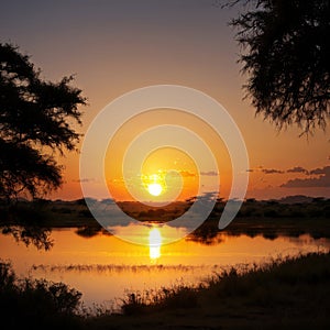 Panorama silhouette tree in africa with sunset.Tree silhouetted against a setting sun reflection on water.Typical