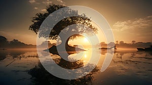 Panorama silhouette tree in the middle of a lake with golden hour sunset, reflection on the water