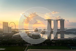 Panorama of Singapore business district skyline and office skyscraper during sunrise in Marina bay, Singapore. Asian tourism,