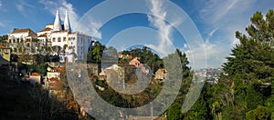 Panorama of Sintra with Palacio Nacional de Sintra or Sintra National Palace also known as Palacio da Vila or Town Palace is a photo