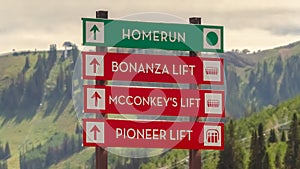 Panorama Ski lifts and hiking trails signs view in Park City Utah resort at off season
