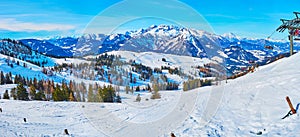 Panorama with ski piste and chairlift, Zwieselalm mountain, Gosau, Austria