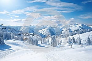 Panorama of a ski resort, slope, ski lift, snow-covered trees in the mountains. Winter village