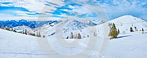 Panorama with ski runs, Feuerkogel Mountain plateau, Ebensee, Salzkammergut, Austria