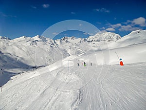Panorama of ski slopes at Tignes, ski resort in the Alps France photo