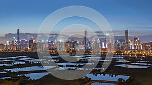 Panorama of Skyline of Shenzhen city, China at dusk